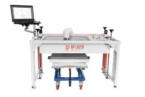 SN2616LR low-rider laser machine with cart and laptop