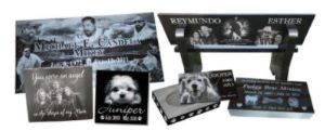 collage of engravable granite items including pet markers