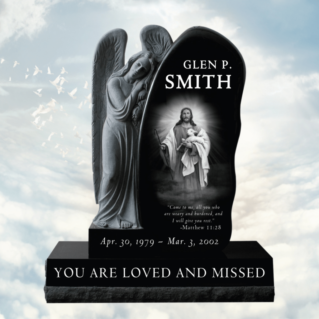 A memorial headstone featuring an angel and an image of Jesus holding a lamb, along with the text "Glen P. Smith" and a Bible verse from Matthew 11:28.